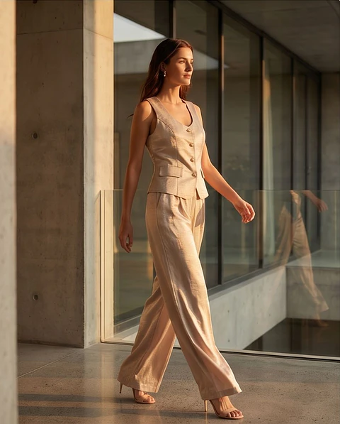 Conjunto "Champagne Glow" – Colete Alfaiataria & Calças Fluidas em Cetim