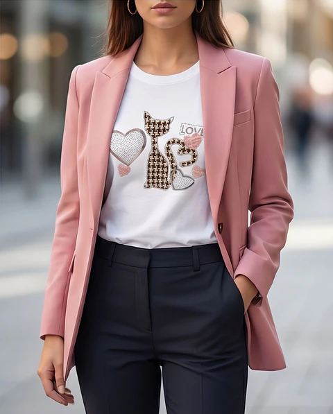 T-Shirt "Love Cat" – Aplicação Joy & Detalhes em Cristais