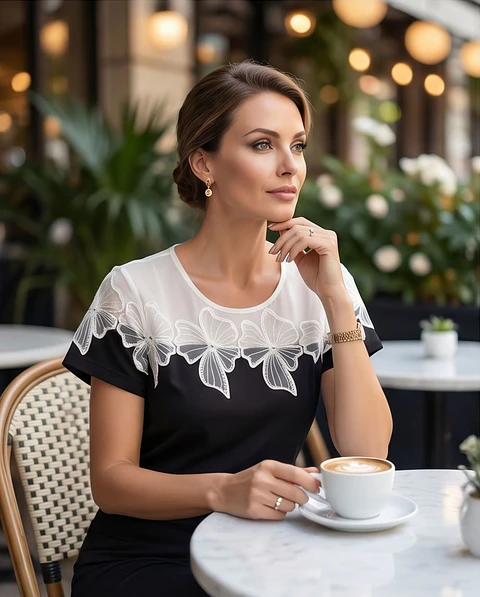 Blusa "Garden Mist" – Aplicações Florais em Rede & Contraste Bicolor