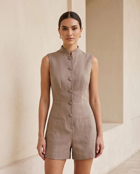 Macacão "Taupe Minimal" – Alfaiataria Estruturada & Gola Mandarim