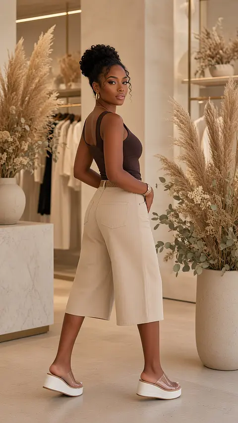 Bermuda "Culotte" - Ganga Bege com Cinto Entrançado