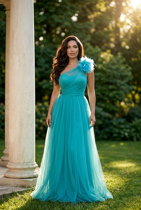 Vestido "Aquamarine" - Cerimónia em Tule com Plumas no Ombro