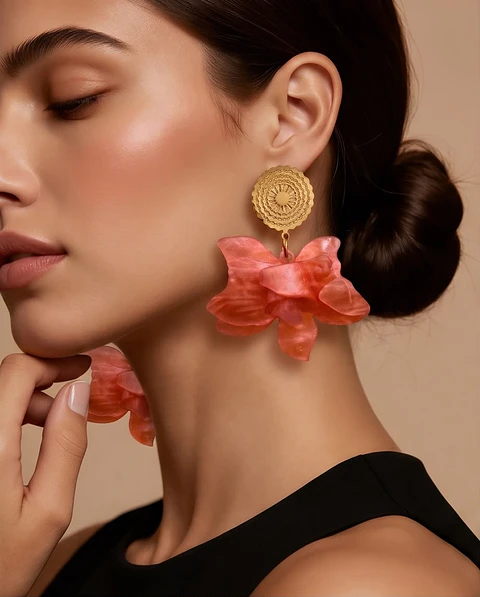 Brincos "Fleur Corail" - Flor Coral com Disco Sol