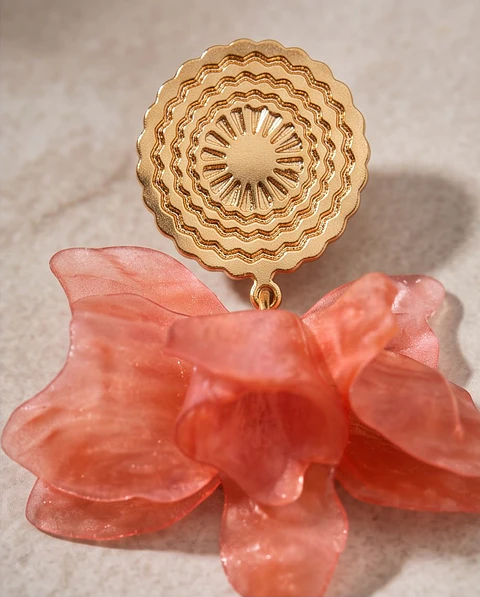 Brincos "Fleur Corail" - Flor Coral com Disco Sol