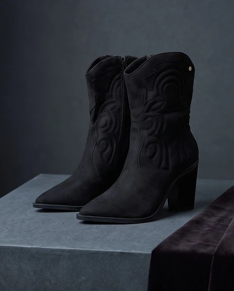 Bota "Cowgirl Noir" - Camurça Preta Estilo Western