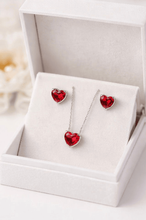Conjunto Coração Vermelho Banhado a Ouro/Prata - Colar + Brincos