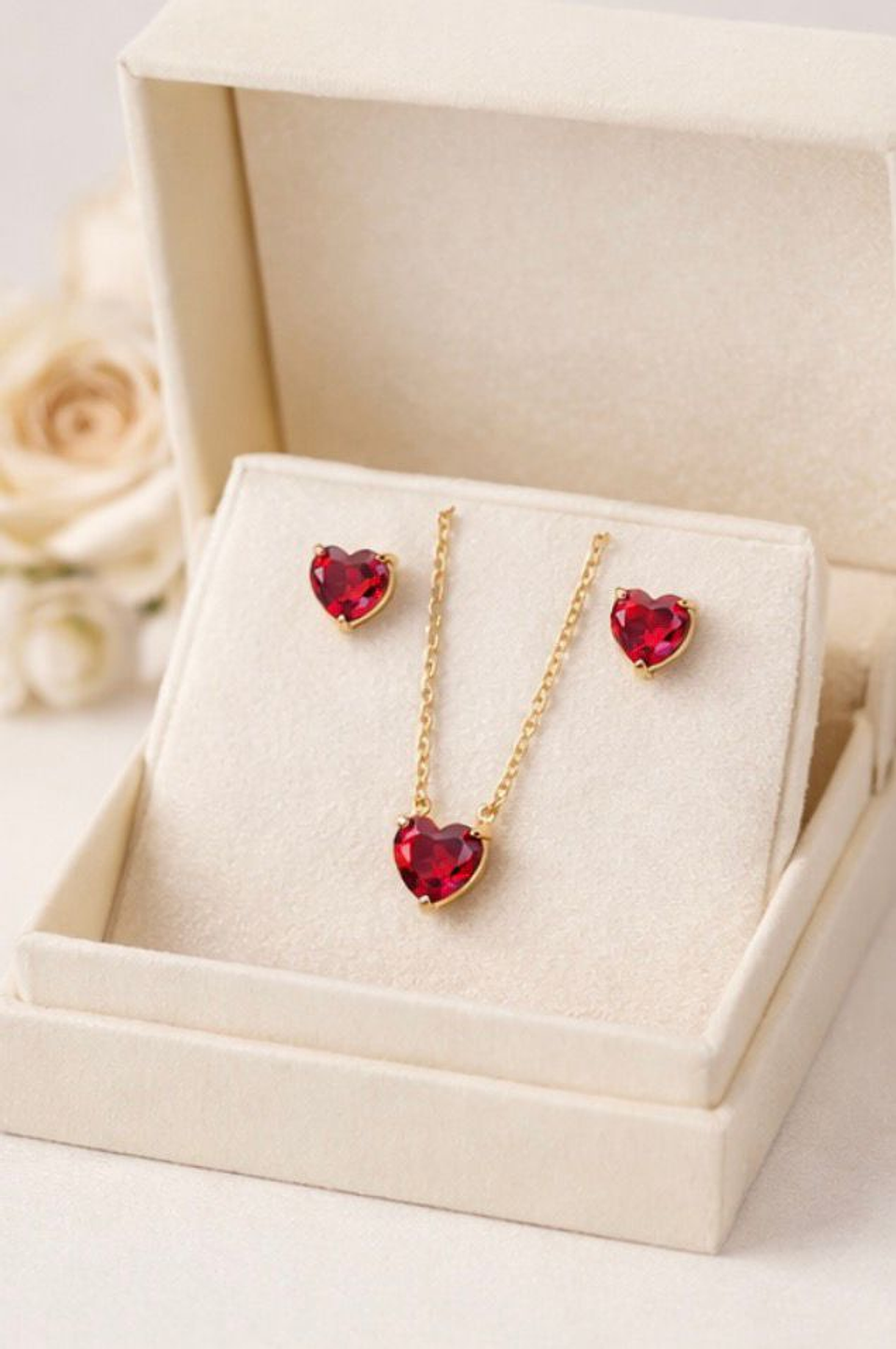 Conjunto Coração Vermelho Banhado a Ouro/Prata - Colar + Brincos 3