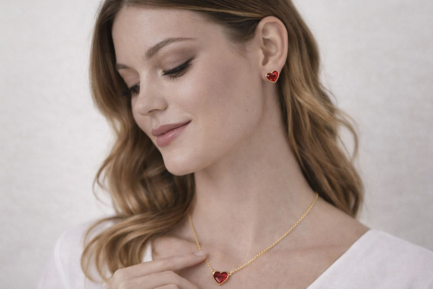 Conjunto Coração Vermelho Banhado a Ouro/Prata - Colar + Brincos 5