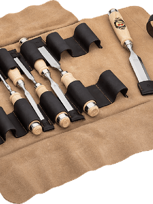 Conjunto de formões em estojo de couro, 6 peças com cabo de madeira de faia