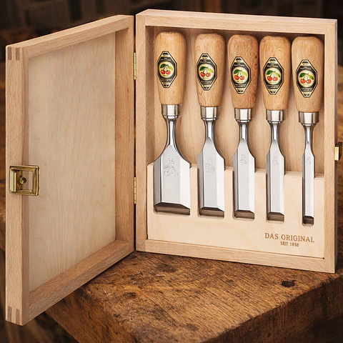 Conjunto de Formões Curtos em Caixa de Madeira (5 Peças) – Kirschen (Short Chisel Set)