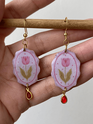 Aretes Tulipán Rosa con Gota Roja