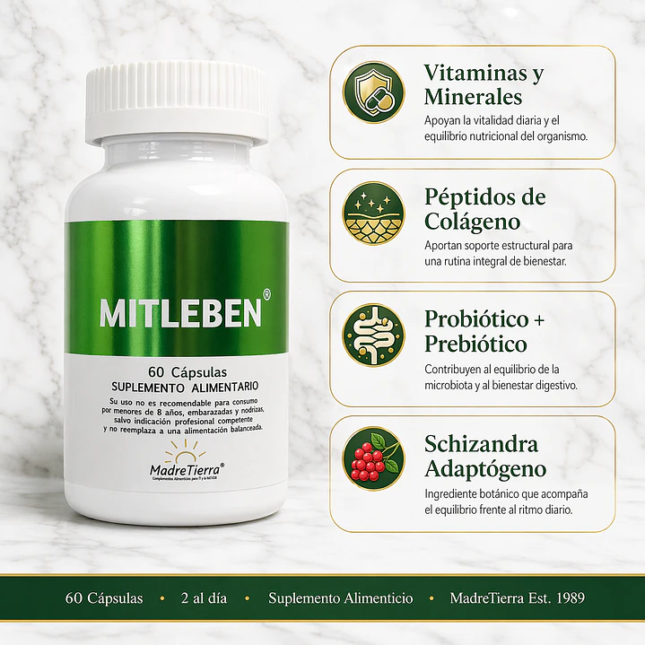 Mitleben · Multivitamínico completo con colágeno, probióticos y adaptógenos | MadreTierra 2