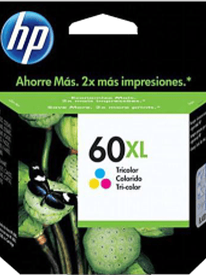 Cartucho de tinta Tricolor HP 60XL ink cartridge rendimiento hasta 440 páginas.