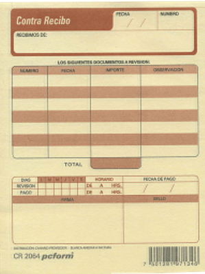 Póliza de contra recibo  original y copia, tamaño 1/4 hoja.