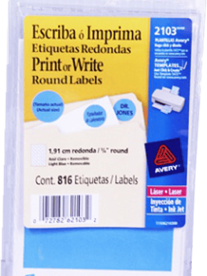 Etiqueta Circular color azul claro, medida diámetro de 3/4 (1.9 cm)