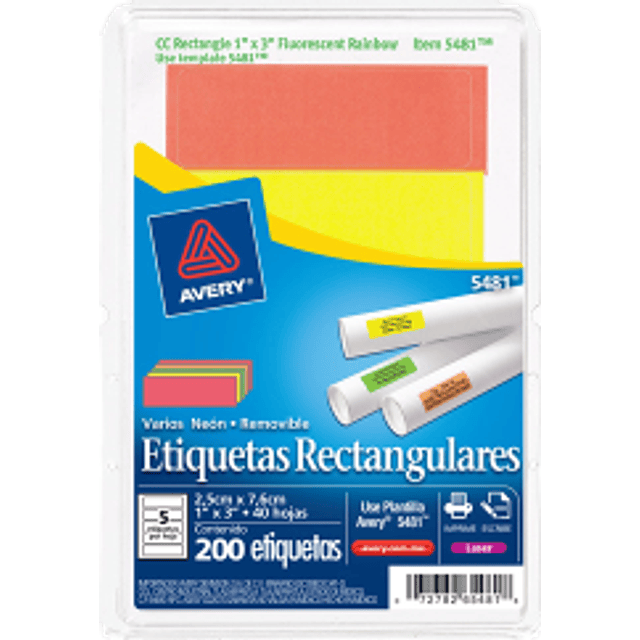 Etiqueta Adhesiva forma rectangular colores fluorescentes, medidas de 1" x 3" (2.5 x 7.6 cm)