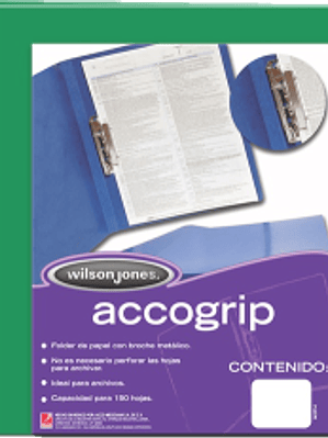 Folder color verde obscuro, con broche metálico.