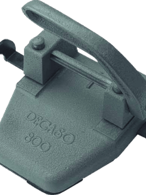 Perforadora 2 orificios, de fierro fundido color gris.