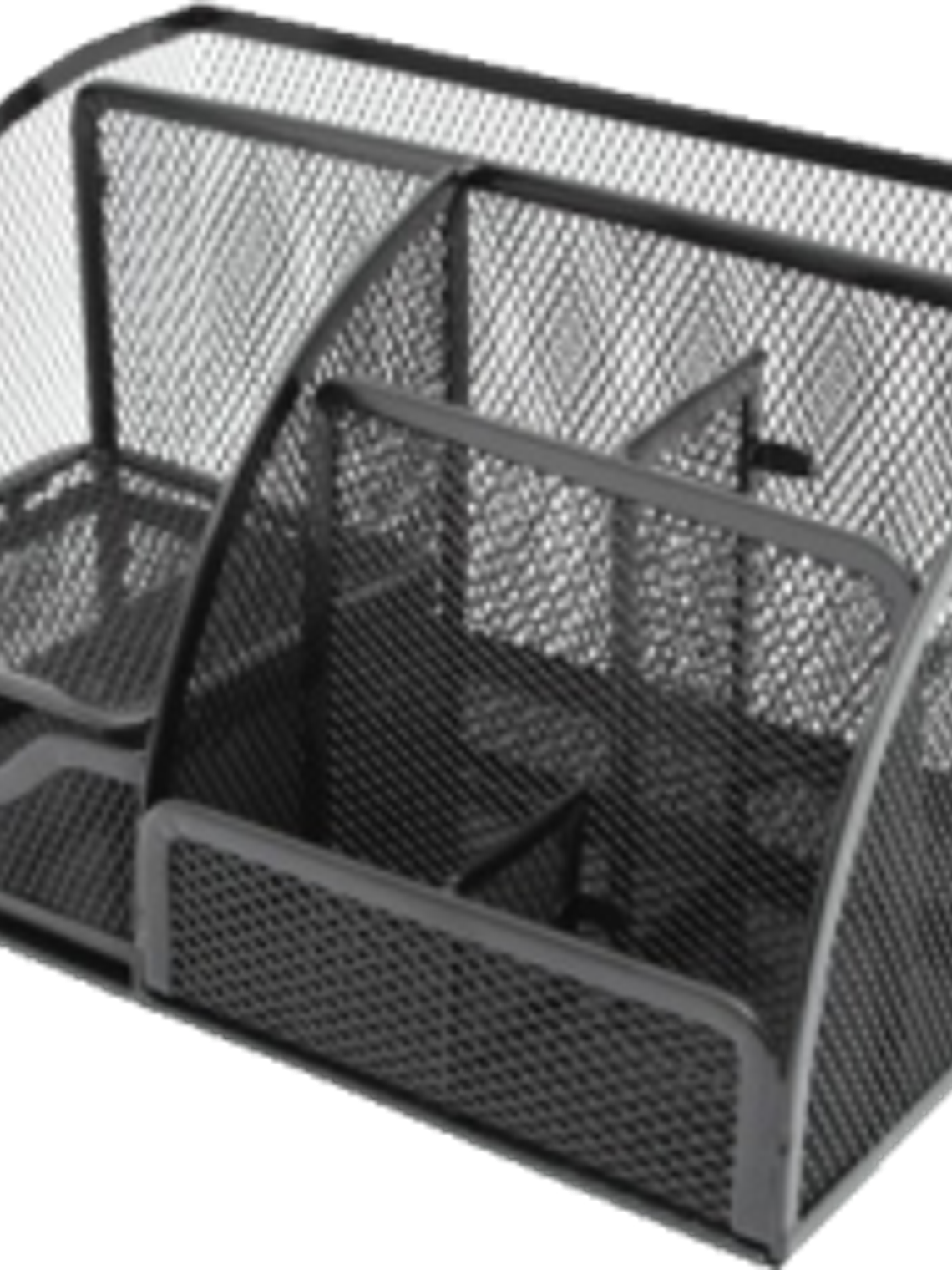 Organizador de escritorio forma rectangular color negro, con 5 divisiones, 1 cajón, 1 tarjetero  1