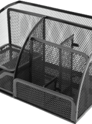 Organizador de escritorio forma rectangular color negro, con 5 divisiones, 1 cajón, 1 tarjetero 