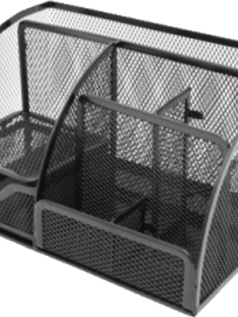 Organizador de escritorio forma rectangular color negro, con 5 divisiones, 1 cajón, 1 tarjetero  1