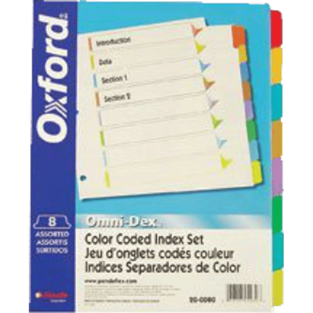 Separador de carpetas tamaño carta, cejas de colores,  juego de 8 divisiones no impresas.