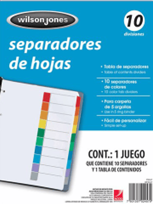 Separadores sin numeración tamaño carta, de 10 divisiones.