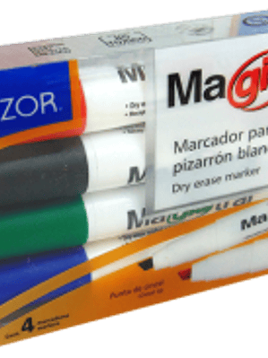 Marcador didáctico 4 colores: azul, negro, rojo, verde para pizarrón blanco.