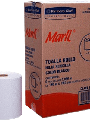 Papel de Toalla para manos en rollo de 180 metros color blanco, caja con 6 piezas