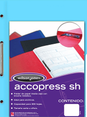 Folder accopress tamaño oficio 1/2 ceja, color azul claro, con broche de 8 cm, caja con 10 piezas