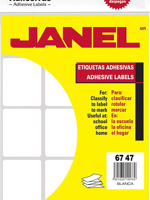 Etiqueta adhesiva color blanca, modelo 13, medidas 67 mm x 47 mm