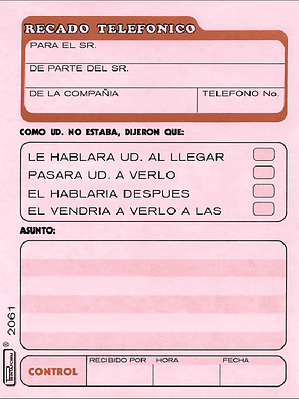 Forma recado telefónico  1/4 carta, block con 50 hojas
