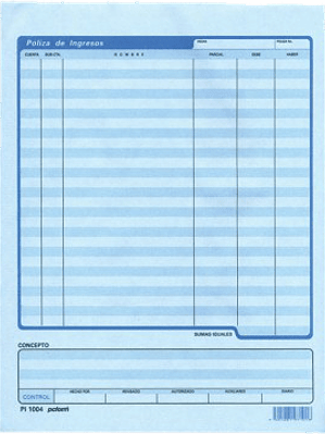 Póliza de ingresos carta azul, block con 50 hojas 