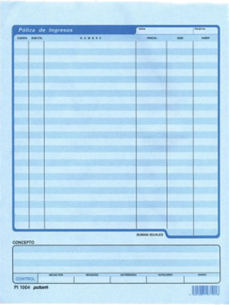 Póliza de ingresos carta azul, block con 50 hojas  1