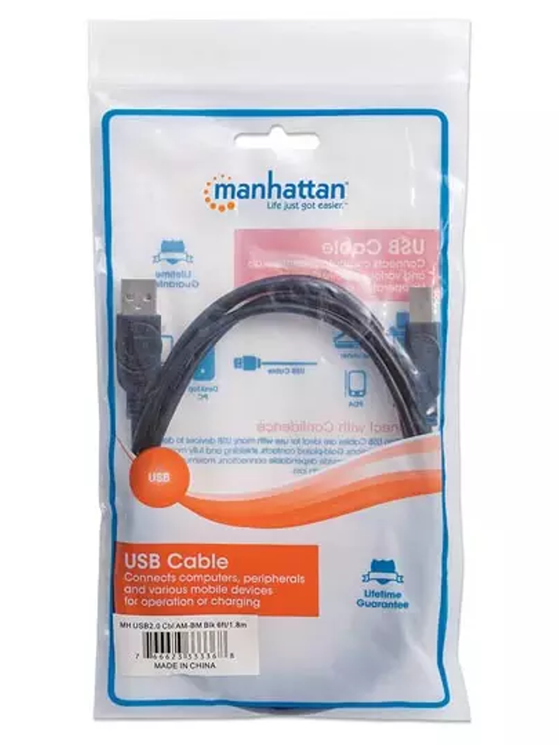 Cable Manhattan USB a-b v2.0 1.8m negro 1