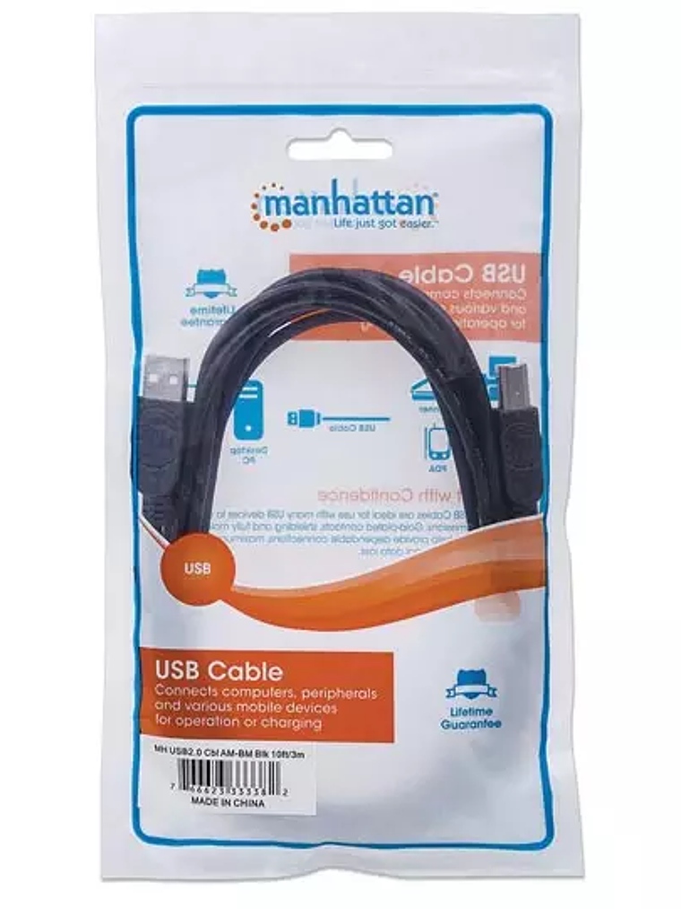 Cable Manhattan USB a-b v2.0 3.0m negro 1