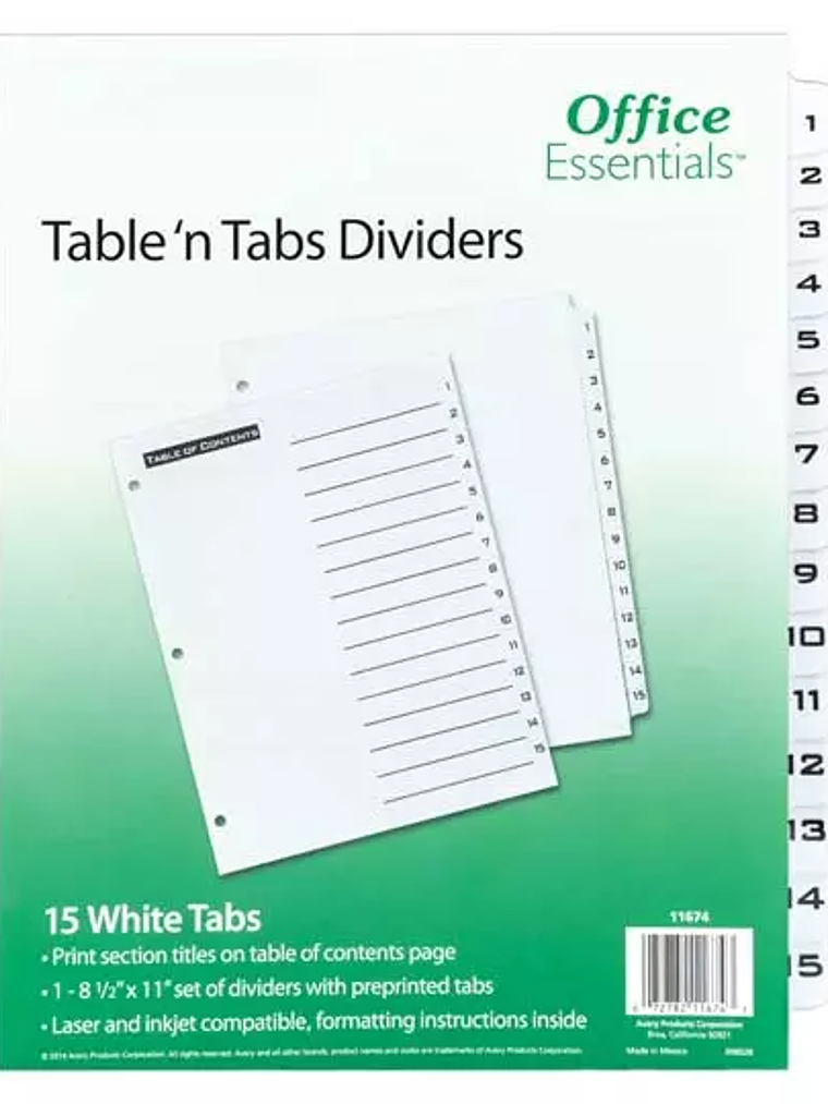 Separador blanco carta 15 divisiones AVE 1