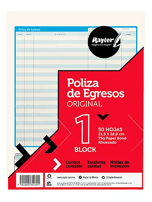 Póliza de egresos Rayter, tamaño carta,