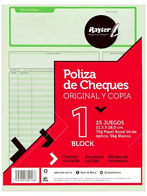 Póliza de cheque Rayter, tamaño carta, c