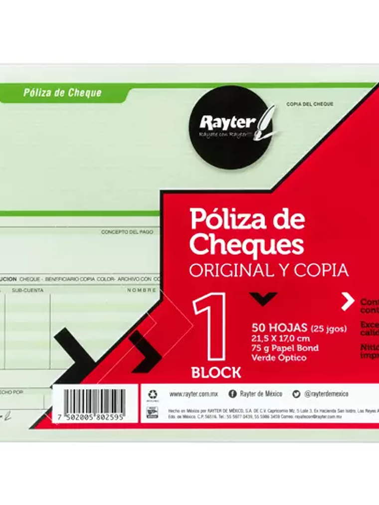 Póliza de cheque Rayter, media oficio, v 1