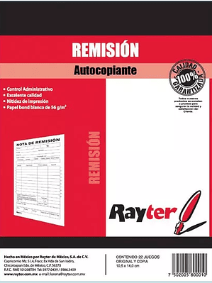 Remisión Rayter, tamaño 1/4 de carta, pa