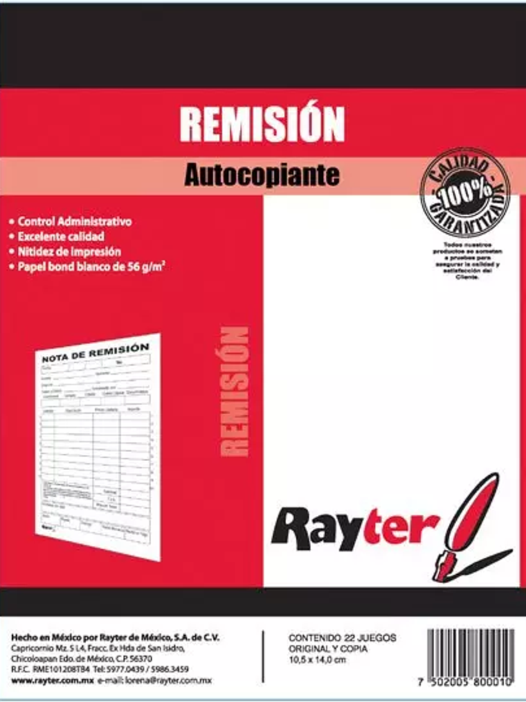 Remisión Rayter, tamaño 1/4 de carta, pa 1