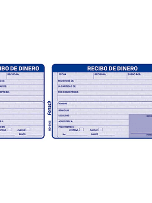 Recibo de dinero Fortec 1/3 carta 2 bloc