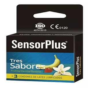 Preservativos Sensor Plus 3 Sabores Pack 3 Unidades – Látex Natural Lubricados Frutilla Vainilla Plátano