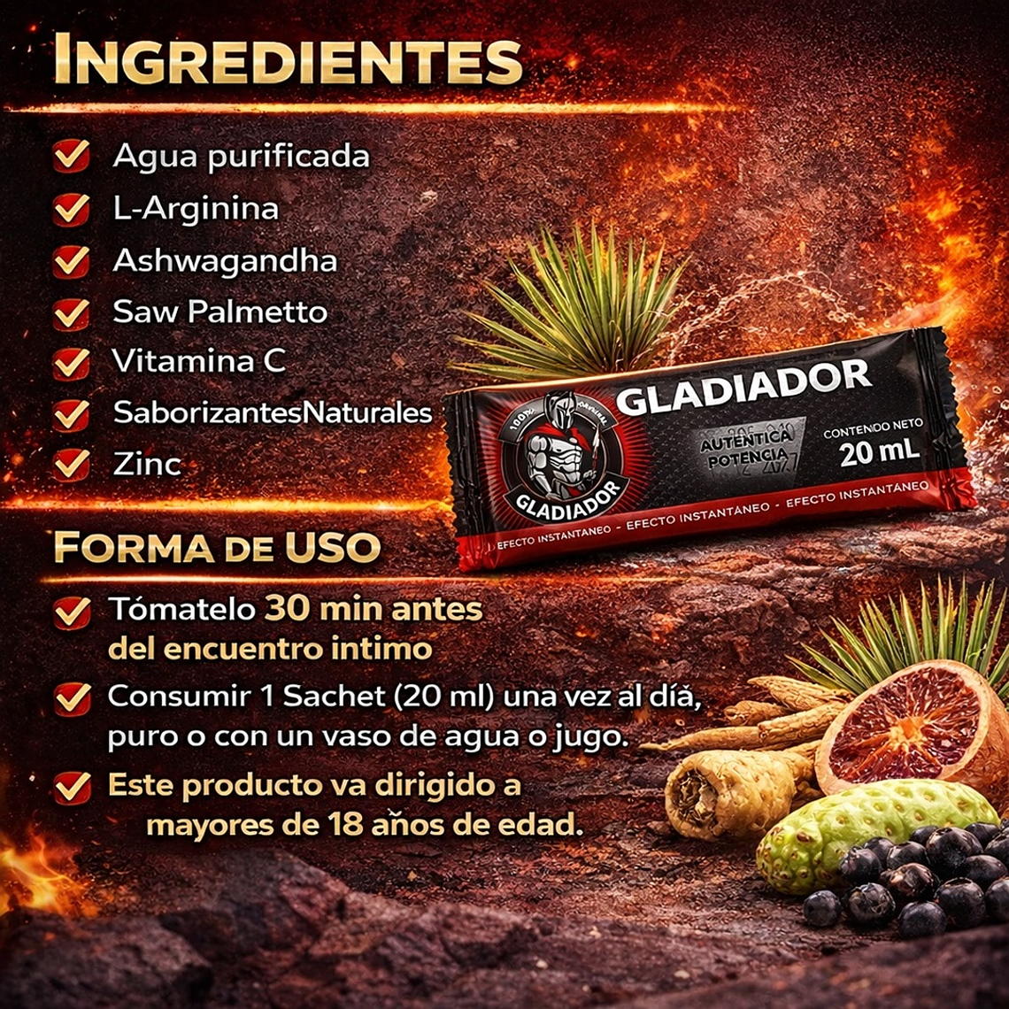 Estimulador y Potenciador Masculino Gladiador – Suplemento Líquido Natural en Sachet 20 ml  3