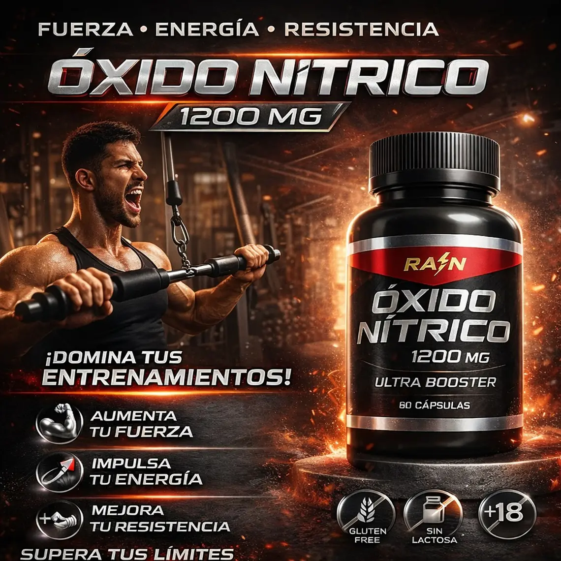 Óxido Nítrico Ultra Booster 1200 mg – Suplemento Deportivo Rain (60 cápsulas) 2