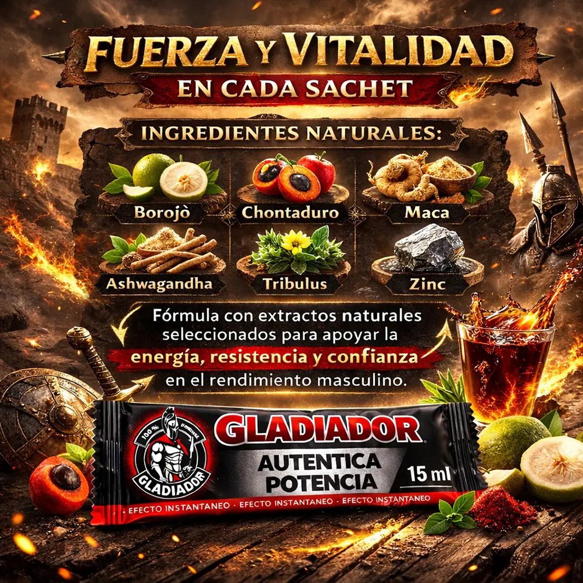 Estimulador y Potenciador Masculino Gladiador – Suplemento Líquido Natural en Sachet 15 ml  2