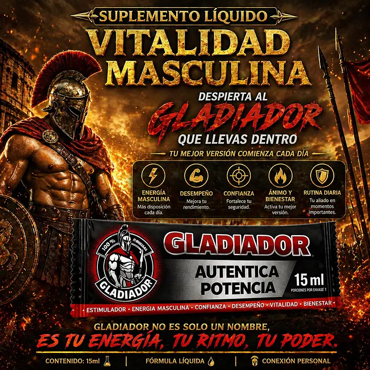 Estimulador y Potenciador Masculino Gladiador – Suplemento Líquido Natural en Sachet 15 ml  3
