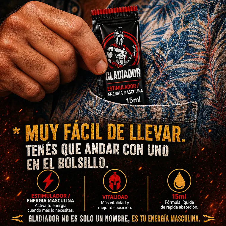 Estimulador y Potenciador Masculino Gladiador – Suplemento Líquido Natural en Sachet 15 ml  4
