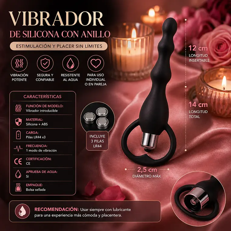 Plug Vibrador Anal Medium con Anillo y Vibración – Juguete Íntimo de Silicona Color Negro 2